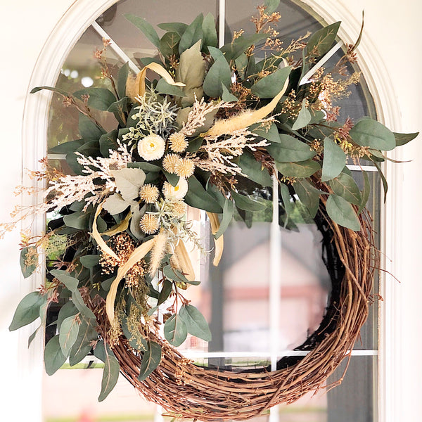 Fall Boho Wreath with Lambs Ear & Eucalyptus Welcome Farmhouse Front Door Modern Boho Gift