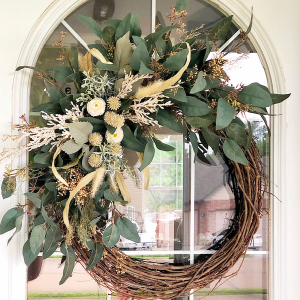 Fall Boho Wreath with Lambs Ear & Eucalyptus Welcome Farmhouse Front Door Modern Boho Gift
