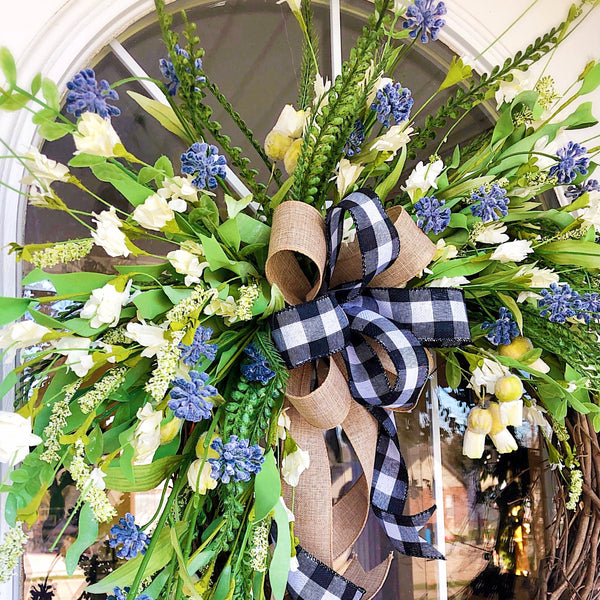 Everyday Spring Cream Blossom & Lavender Welcome Wreath with Buffalo Plaid Ribbon