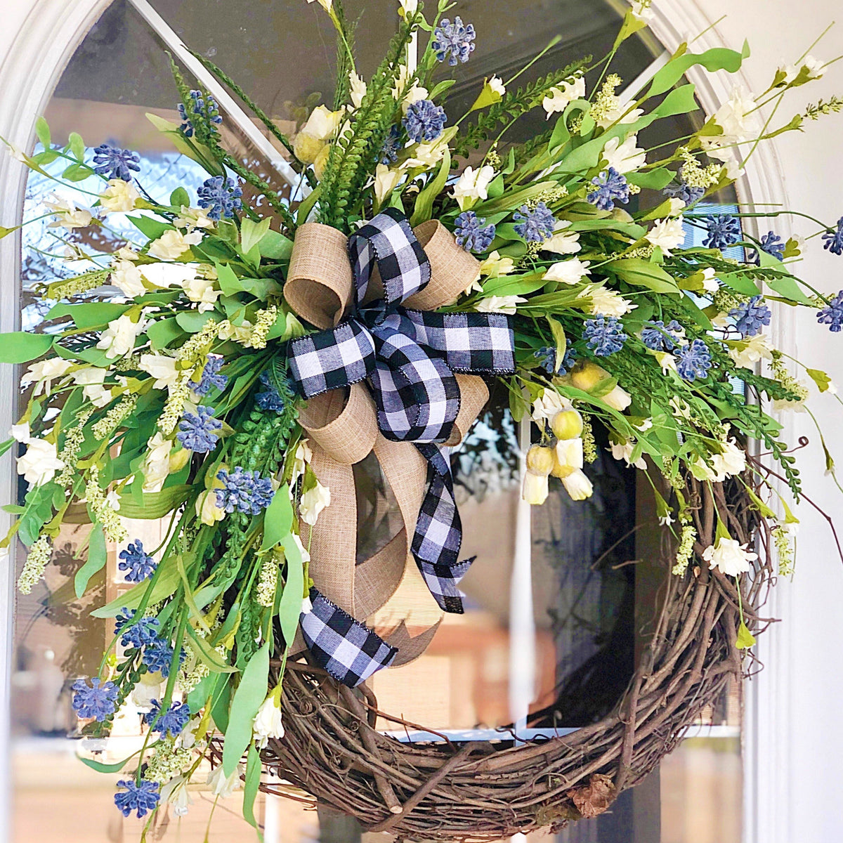 Everyday Spring Cream Blossom & Lavender Welcome Wreath with Buffalo P