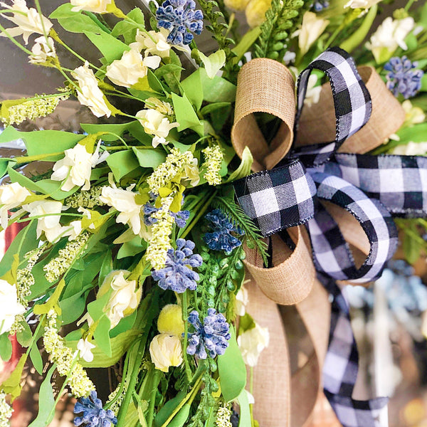 Everyday Spring Cream Blossom & Lavender Welcome Wreath with Buffalo Plaid Ribbon