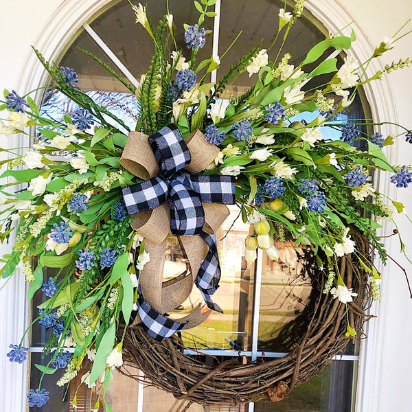 Everyday Spring Cream Blossom & Lavender Welcome Wreath with Buffalo Plaid Ribbon