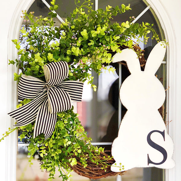 Easter Monogram Wooden Bunny Sign with Black & White Striped Ribbon