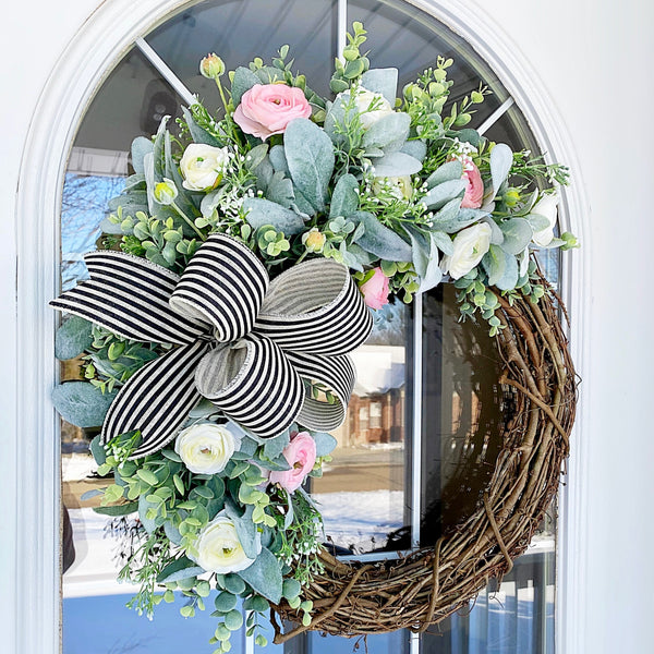 Spring Summer Wreath with Lambs Ear, Eucalyptus, White and Pink Ranunculus Flowers Welcome Front Door