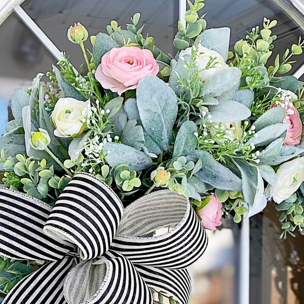 Spring Summer Wreath with Lambs Ear, Eucalyptus, White and Pink Ranunculus Flowers Welcome Front Door