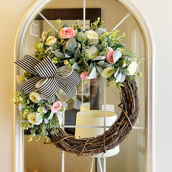 Spring Summer Wreath with Lambs Ear, Eucalyptus, White and Pink Ranunculus Flowers Welcome Front Door