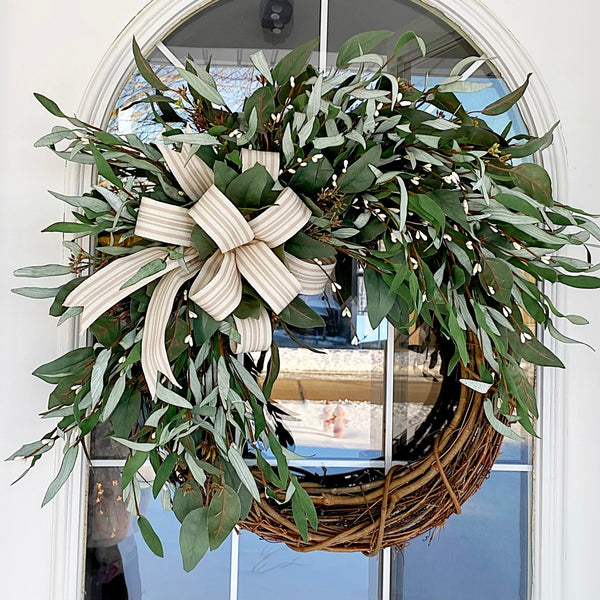 Spring Everyday Neutral Eucalyptus & Wild Grass with Tan and Cream Stripped Ribbon Farmhouse Wreath