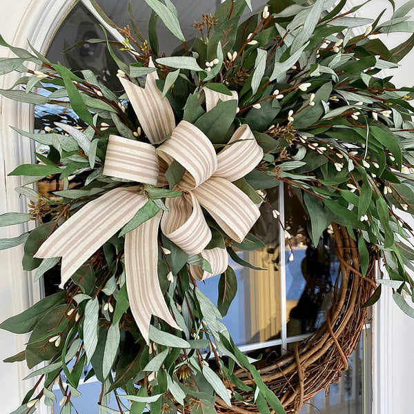 Spring Everyday Neutral Eucalyptus & Wild Grass with Tan and Cream Stripped Ribbon Farmhouse Wreath
