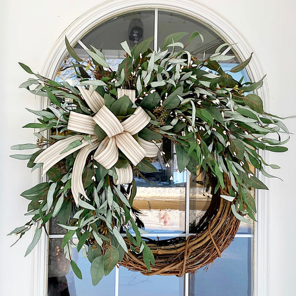 Spring Everyday Neutral Eucalyptus & Wild Grass with Tan and Cream Stripped Ribbon Farmhouse Wreath