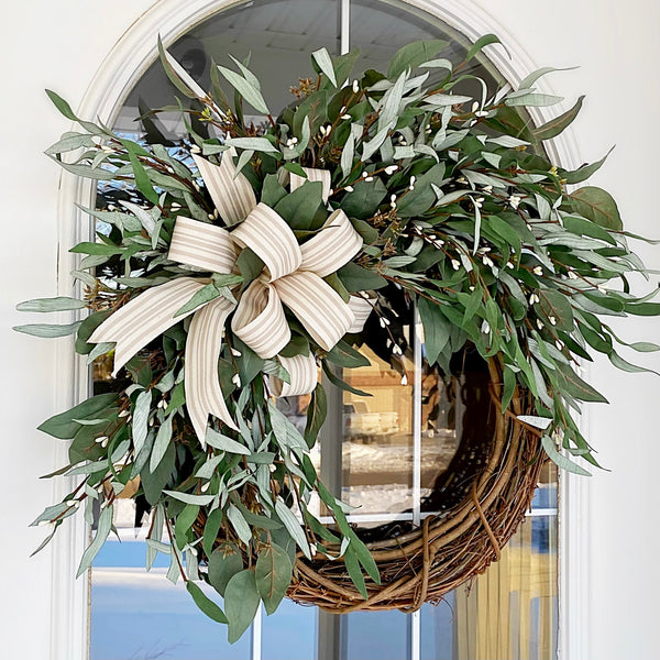 Spring Everyday Neutral Eucalyptus & Wild Grass with Tan and Cream Stripped Ribbon Farmhouse Wreath