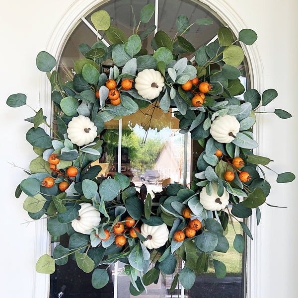 Fall Welcome Wreath Blooming White Pumpkin & Dog Rose Buds for Front Door