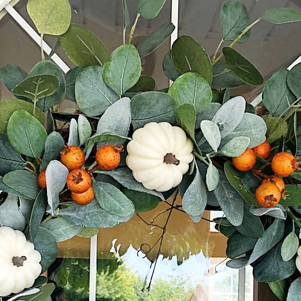 Fall Welcome Wreath Blooming White Pumpkin & Dog Rose Buds for