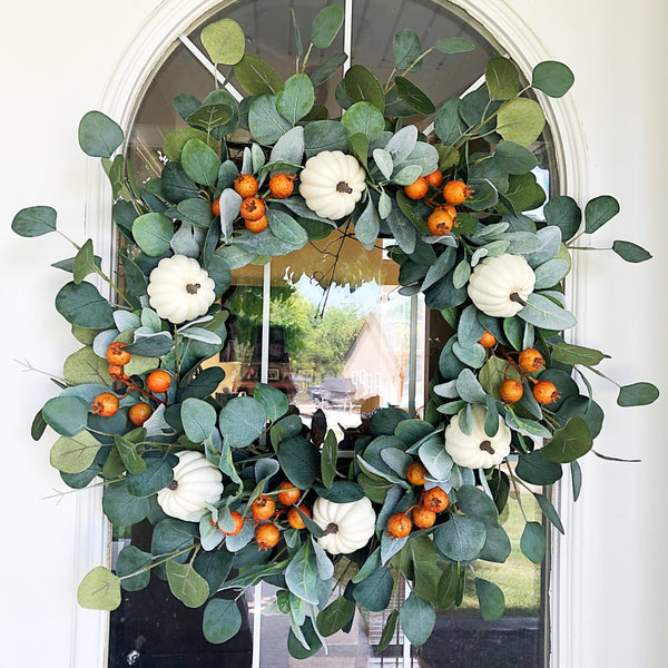 Fall Welcome Wreath Blooming White Pumpkin & Dog Rose Buds for Front Door