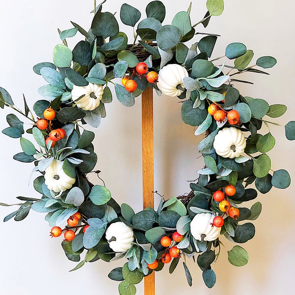 Fall Welcome Wreath Blooming White Pumpkin & Dog Rose Buds for Front Door