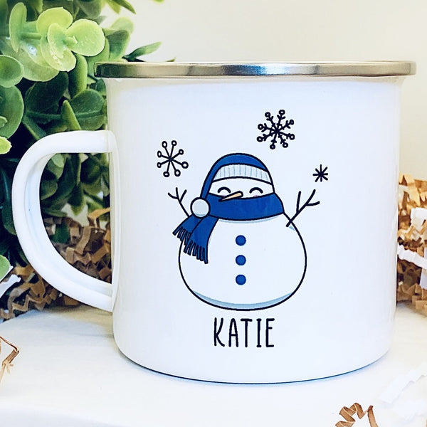Kids Personalized 12 oz. Stainless Steel & Enamel Camp Mug with Fat Snowman