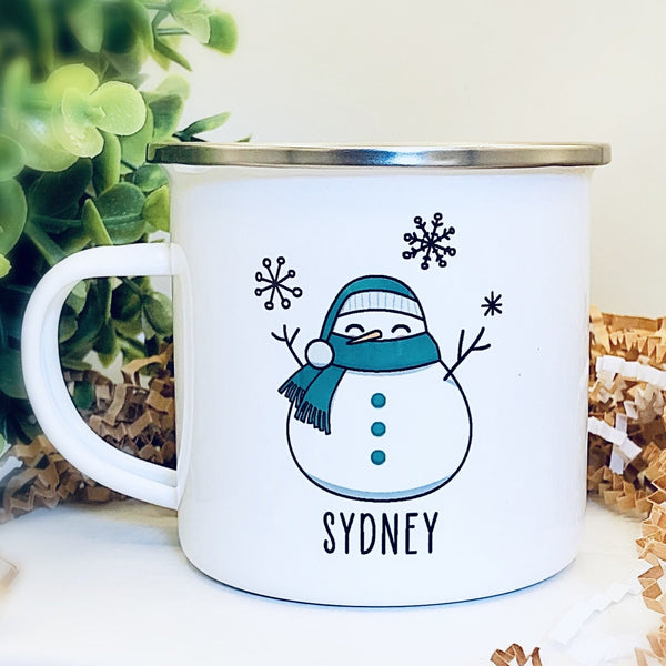 Kids Personalized 12 oz. Stainless Steel & Enamel Camp Mug with Fat Snowman