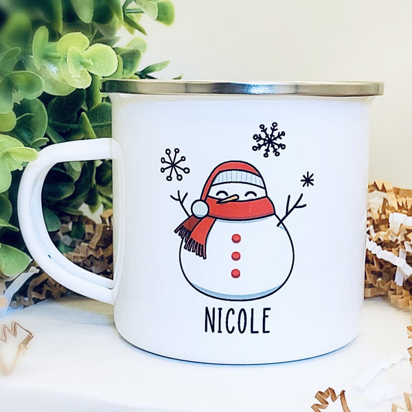 Kids Personalized 12 oz. Stainless Steel & Enamel Camp Mug with Fat Snowman