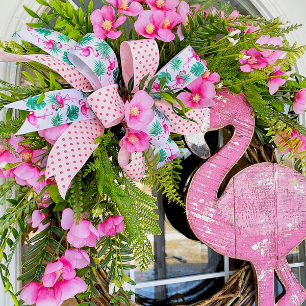 Summer Flamingo Beach Coastal Tropical Wreath with Pink Blossoms, Fern & Polkadot Ribbon