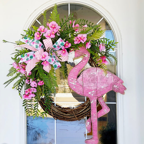 Summer Flamingo Beach Coastal Tropical Wreath with Pink Blossoms, Fern & Polkadot Ribbon