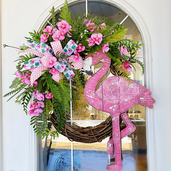 Summer Flamingo Beach Coastal Tropical Wreath with Pink Blossoms, Fern & Polkadot Ribbon