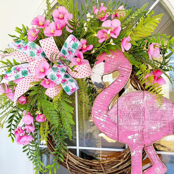 Summer Flamingo Beach Coastal Tropical Wreath with Pink Blossoms, Fern & Polkadot Ribbon
