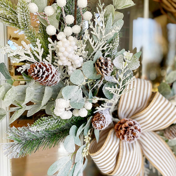 Christmas Wreath Winter Holiday Frosted with Lambs Ear & Eucalyptus and Cabana Striped Bow Welcome Farmhouse