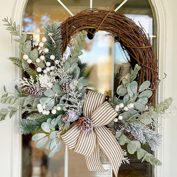Christmas Wreath Winter Holiday Frosted with Lambs Ear & Eucalyptus and Cabana Striped Bow Welcome Farmhouse