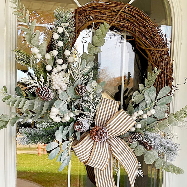 Christmas Wreath Winter Holiday Frosted with Lambs Ear & Eucalyptus and Cabana Striped Bow Welcome Farmhouse