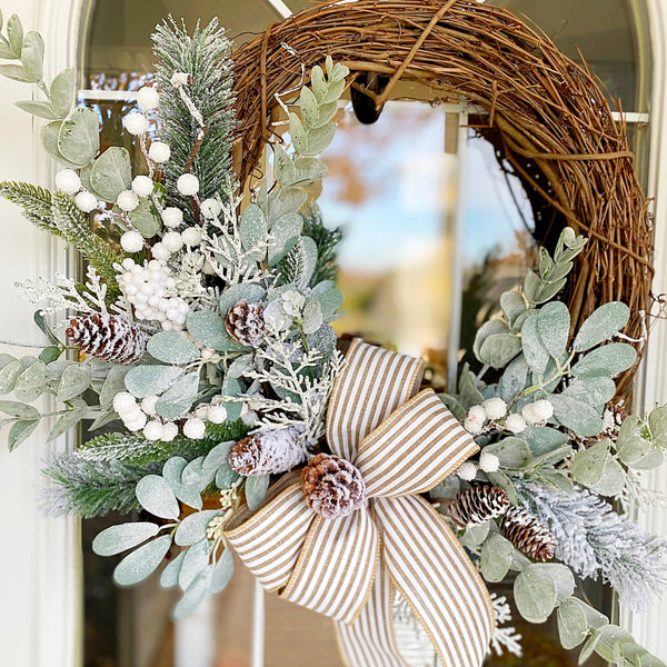 Christmas Wreath Winter Holiday Frosted with Lambs Ear & Eucalyptus and Cabana Striped Bow Welcome Farmhouse
