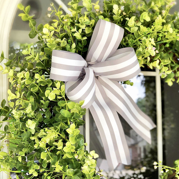 Everyday Basswood Wreath with Gray and White Striped Ribbon Front Door Welcome