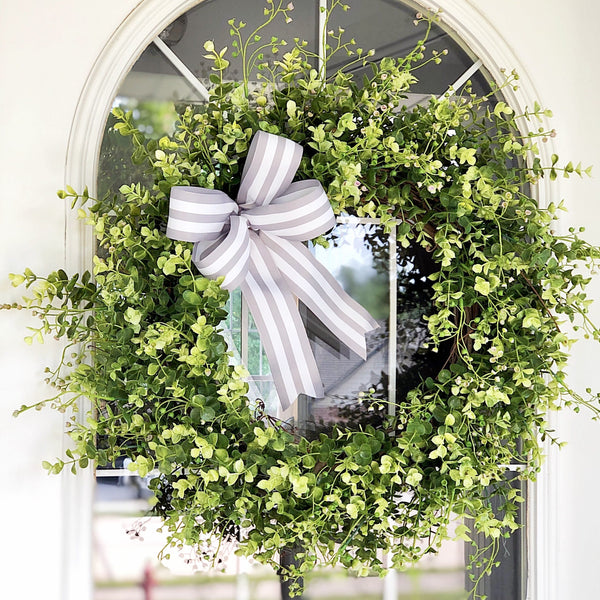 Everyday Basswood Wreath with Gray and White Striped Ribbon Front Door Welcome