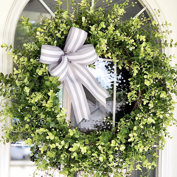 Everyday Basswood Wreath with Gray and White Striped Ribbon Front Door Welcome