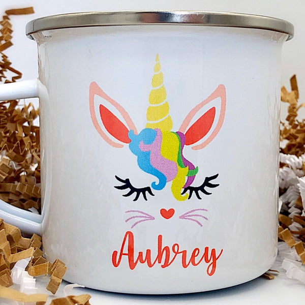 Kids Personalized 12 oz. Stainless Steel & Enamel Camp Mug with Girl Unicorn