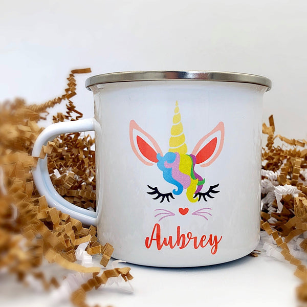Kids Personalized 12 oz. Stainless Steel & Enamel Camp Mug with Girl Unicorn