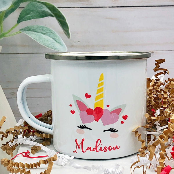 Kids Personalized 12 oz. Stainless Steel & Enamel Camp Mug with Unicorn
