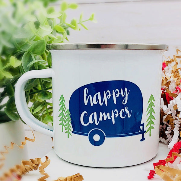 Personalized 12 oz. Stainless Steel & Enamel Camp Mug with Happy Camper
