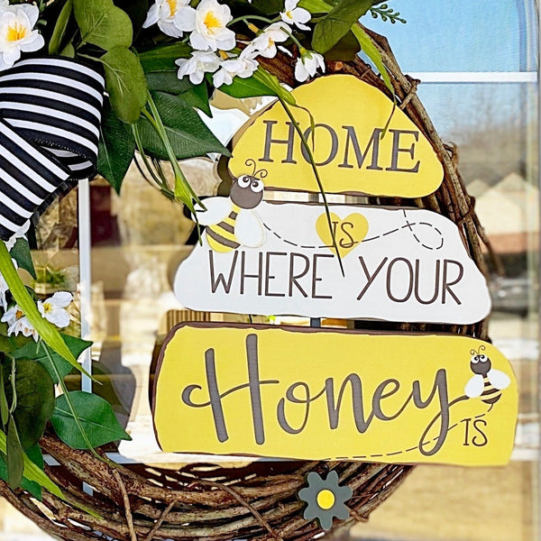 Everyday Spring Honey Sign Welcome Wreath with White Blossoms & Black and White Striped Ribbon