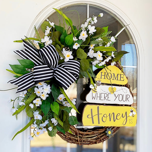 Everyday Spring Honey Sign Welcome Wreath with White Blossoms & Black and White Striped Ribbon
