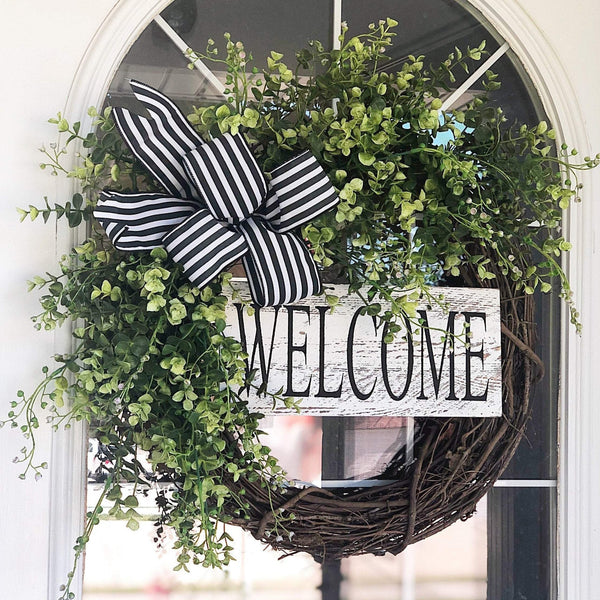 Everyday Wreath with Eucalyptus and Beach Box Wood Welcome Front Door Farmhouse Cottage