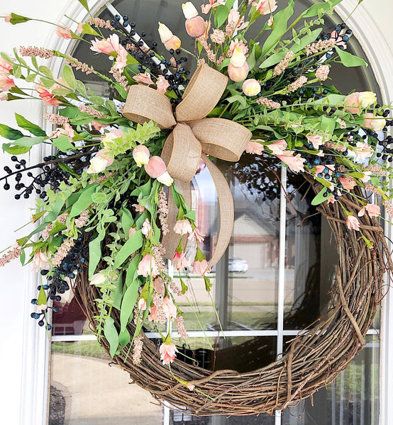 Everyday Spring Wreath Pink Blossoms & Berries with Houndstooth Ribbon Welcome Wreath Farmhouse Front Door