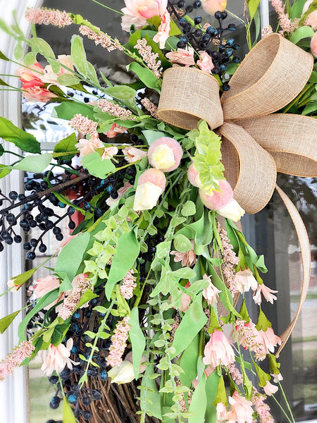 Everyday Spring Wreath Pink Blossoms & Berries with Houndstooth Ribbon Welcome Wreath Farmhouse Front Door