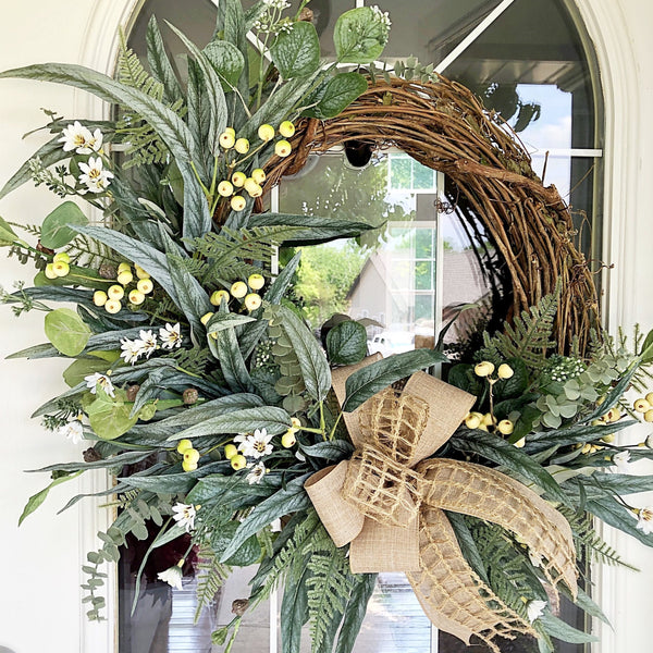 Everyday Cream Berries & Burlap Wired Ribbon Wreath