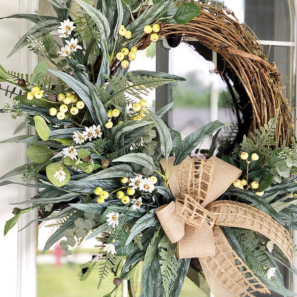 Everyday Cream Berries & Burlap Wired Ribbon Wreath