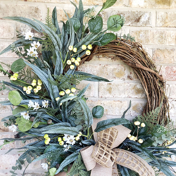 Everyday Cream Berries & Burlap Wired Ribbon Wreath