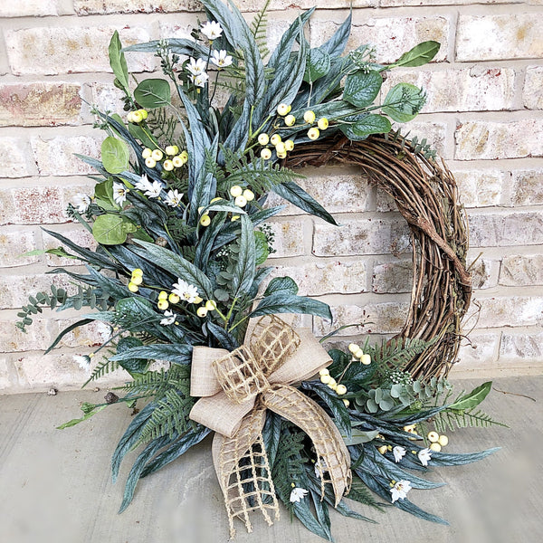 Everyday Cream Berries & Burlap Wired Ribbon Wreath