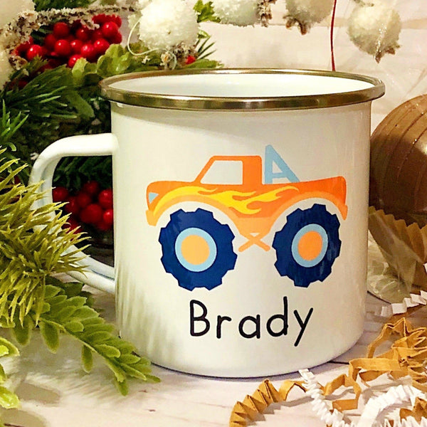 Kids Personalized 12 oz. Stainless Steel & Enamel Camp Mug with Monster Truck