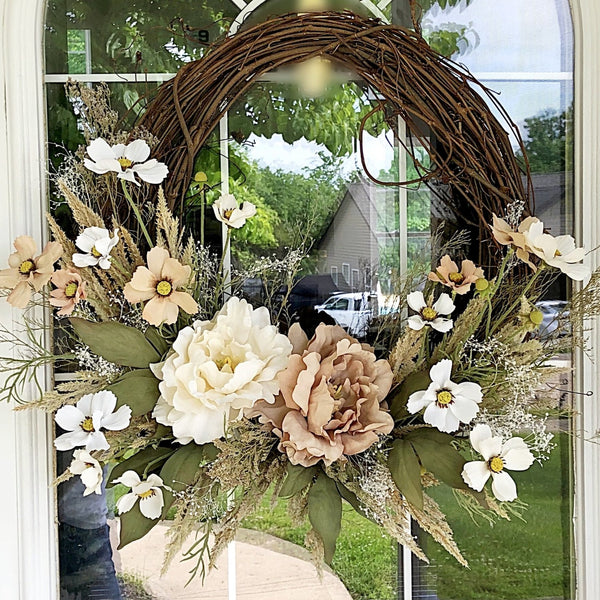 Boho Wreath Summer Wreath with Pampus Grass & Cream Peony Welcome Farmhouse Front Door Dried Flowers Floral Modern Fall Wreath