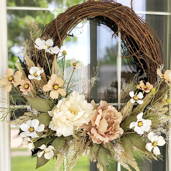 Boho Wreath Summer Wreath with Pampus Grass & Cream Peony Welcome Farmhouse Front Door Dried Flowers Floral Modern Fall Wreath