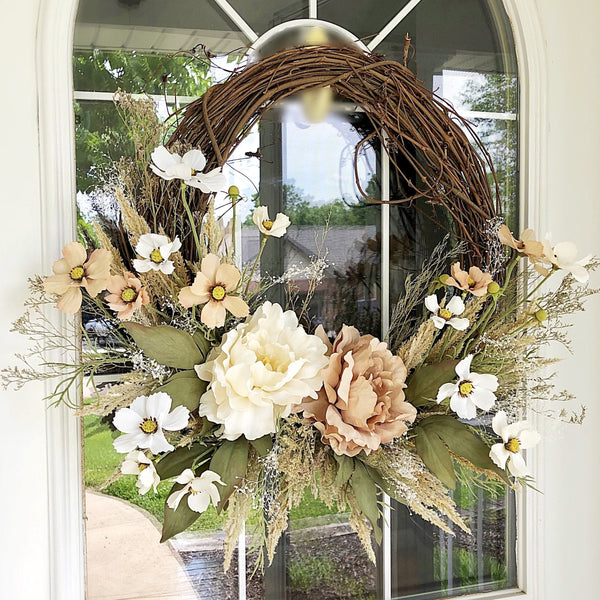 Boho Wreath Summer Wreath with Pampus Grass & Cream Peony Welcome Farmhouse Front Door Dried Flowers Floral Modern Fall Wreath