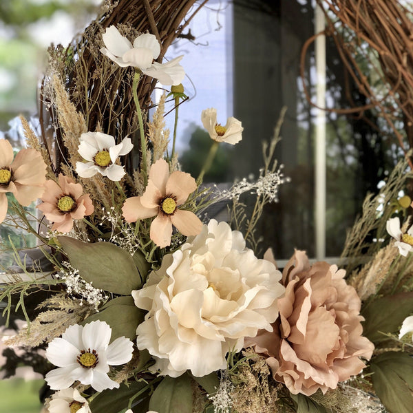 Boho Wreath Summer Wreath with Pampus Grass & Cream Peony Welcome Farmhouse Front Door Dried Flowers Floral Modern Fall Wreath